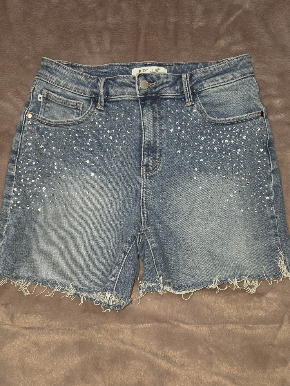 Judy Blue Distressed Light Blue Denim Shorts with Rhinestone Accents